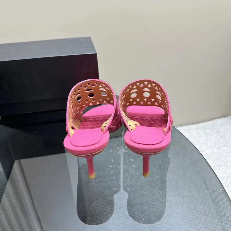 Hollow open toe slippers girls office shoes ladies fashion high heels genuine leather luxury women's sandals