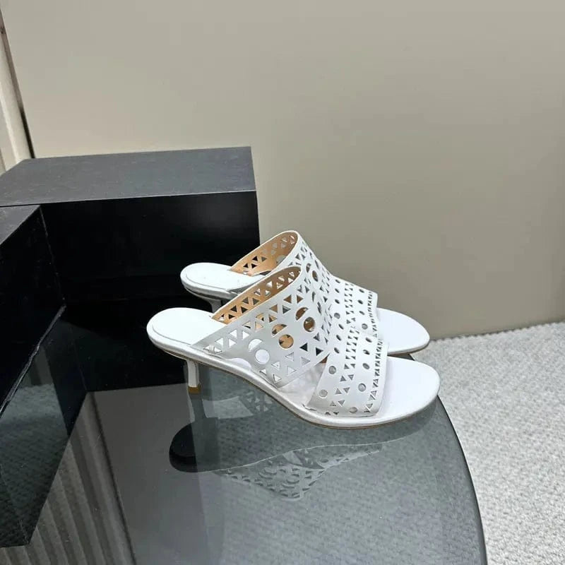 Hollow open toe slippers girls office shoes ladies fashion high heels genuine leather luxury women's sandals