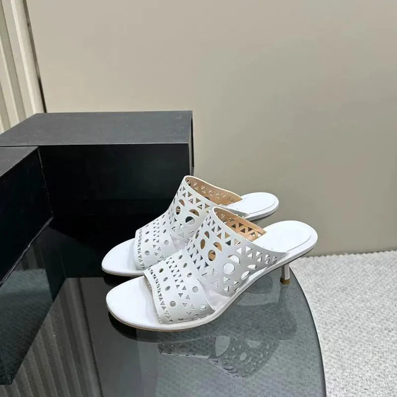 Hollow open toe slippers girls office shoes ladies fashion high heels genuine leather luxury women's sandals