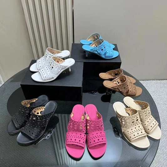 Hollow open toe slippers girls office shoes ladies fashion high heels genuine leather luxury women's sandals