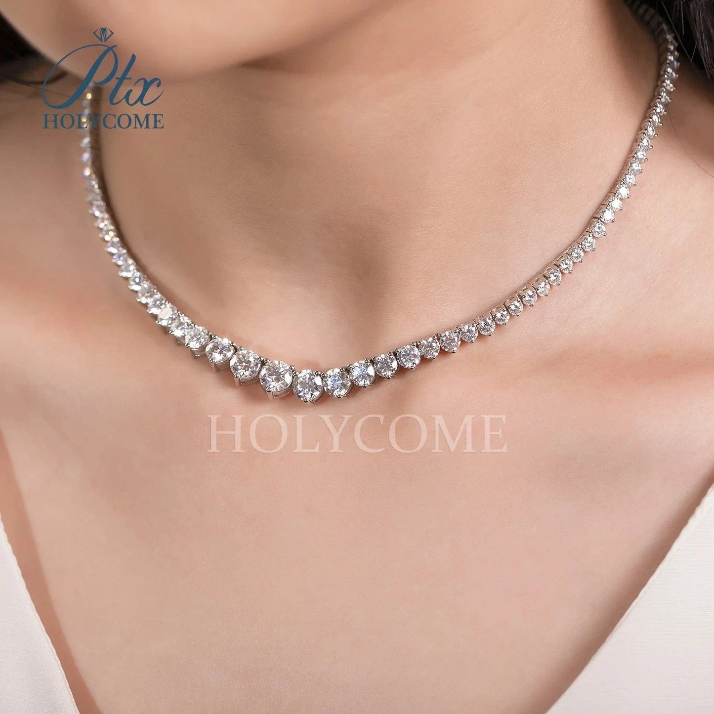 Holycome GRA Brilliant Round Cut 925 Sterling Silver Moissanite VVS Diamond Tennis Necklace Jewelry Customized For Women