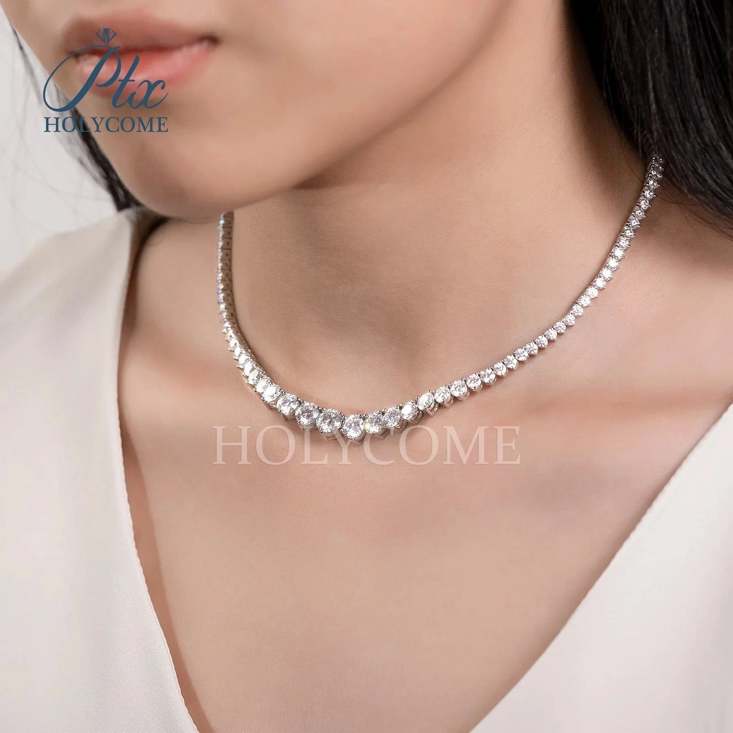 Holycome GRA Brilliant Round Cut 925 Sterling Silver Moissanite VVS Diamond Tennis Necklace Jewelry Customized For Women