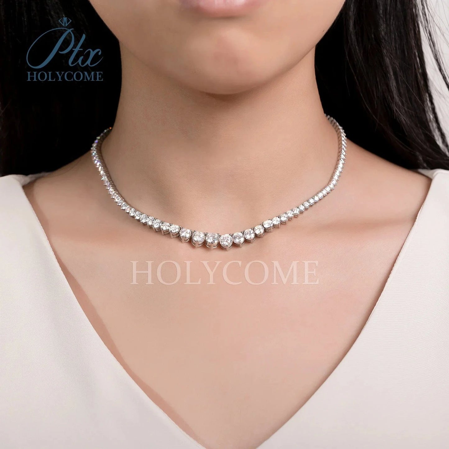 Holycome GRA Brilliant Round Cut 925 Sterling Silver Moissanite VVS Diamond Tennis Necklace Jewelry Customized For Women