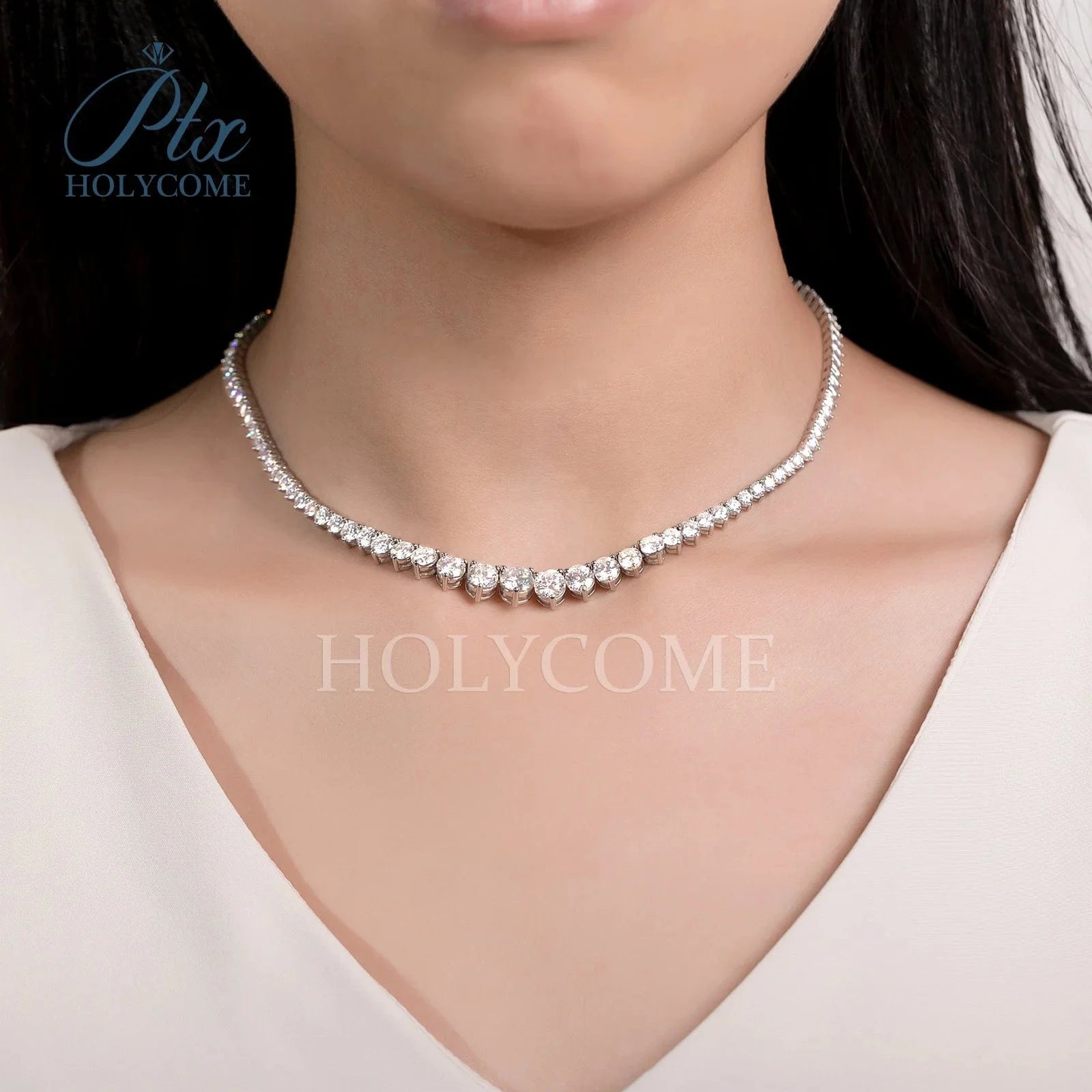 Holycome GRA Brilliant Round Cut 925 Sterling Silver Moissanite VVS Diamond Tennis Necklace Jewelry Customized For Women