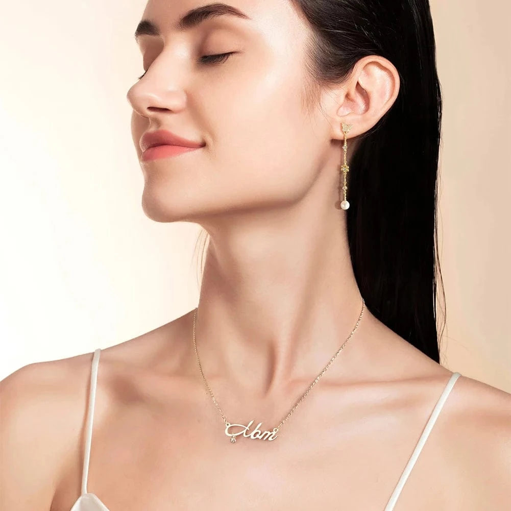 HON25-14K HON25 Dainty 14K Gold Plated Mom Necklace Silver Jewelry Cubic Zirconia Chain Necklaces Cute Pendant Mom Necklaces for Women
