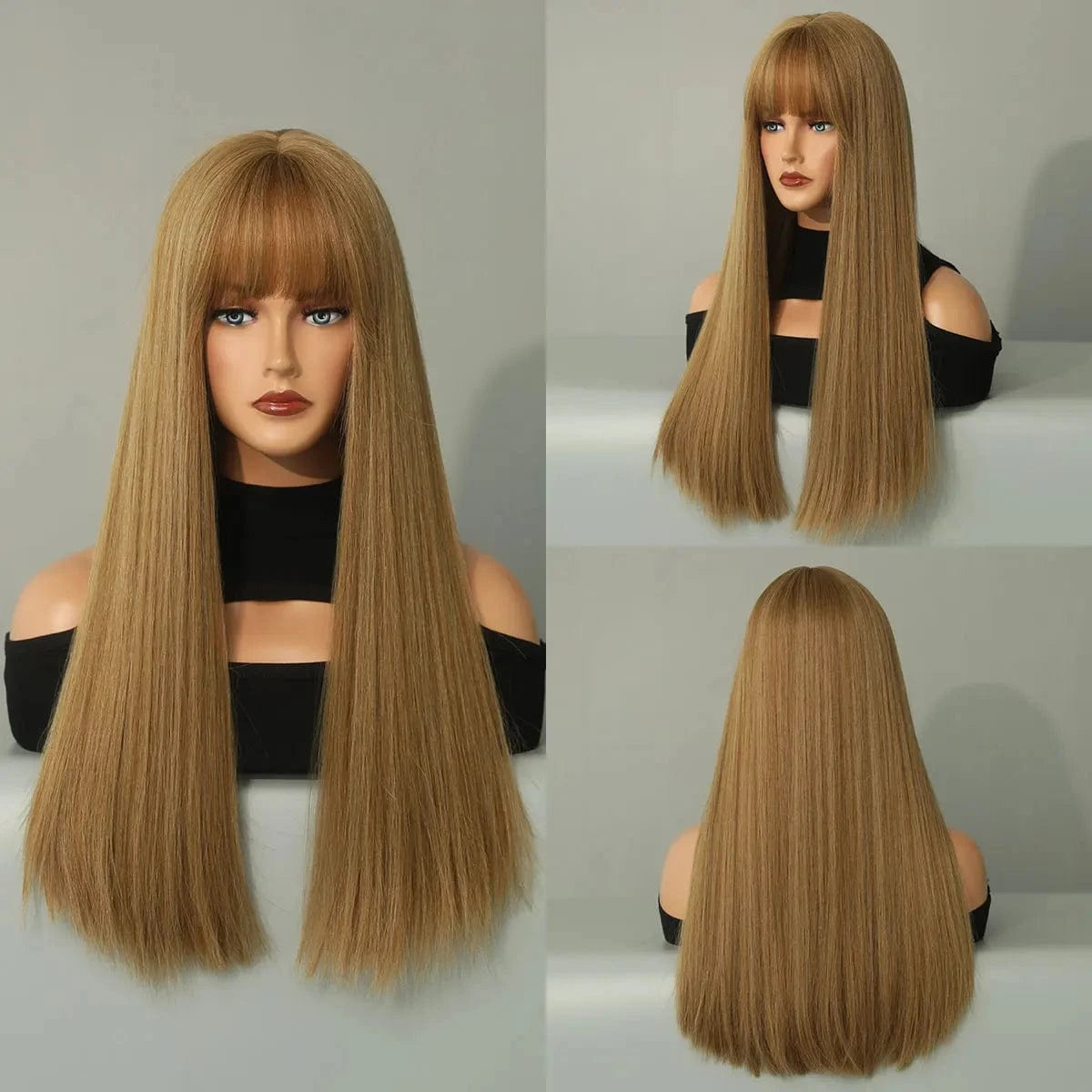 honey blonde Highlights Pink Wig with Bangs Long Straight Wigs for Women,Heat Resistant Light Pink Synthetic Wigs Black Pink Hair