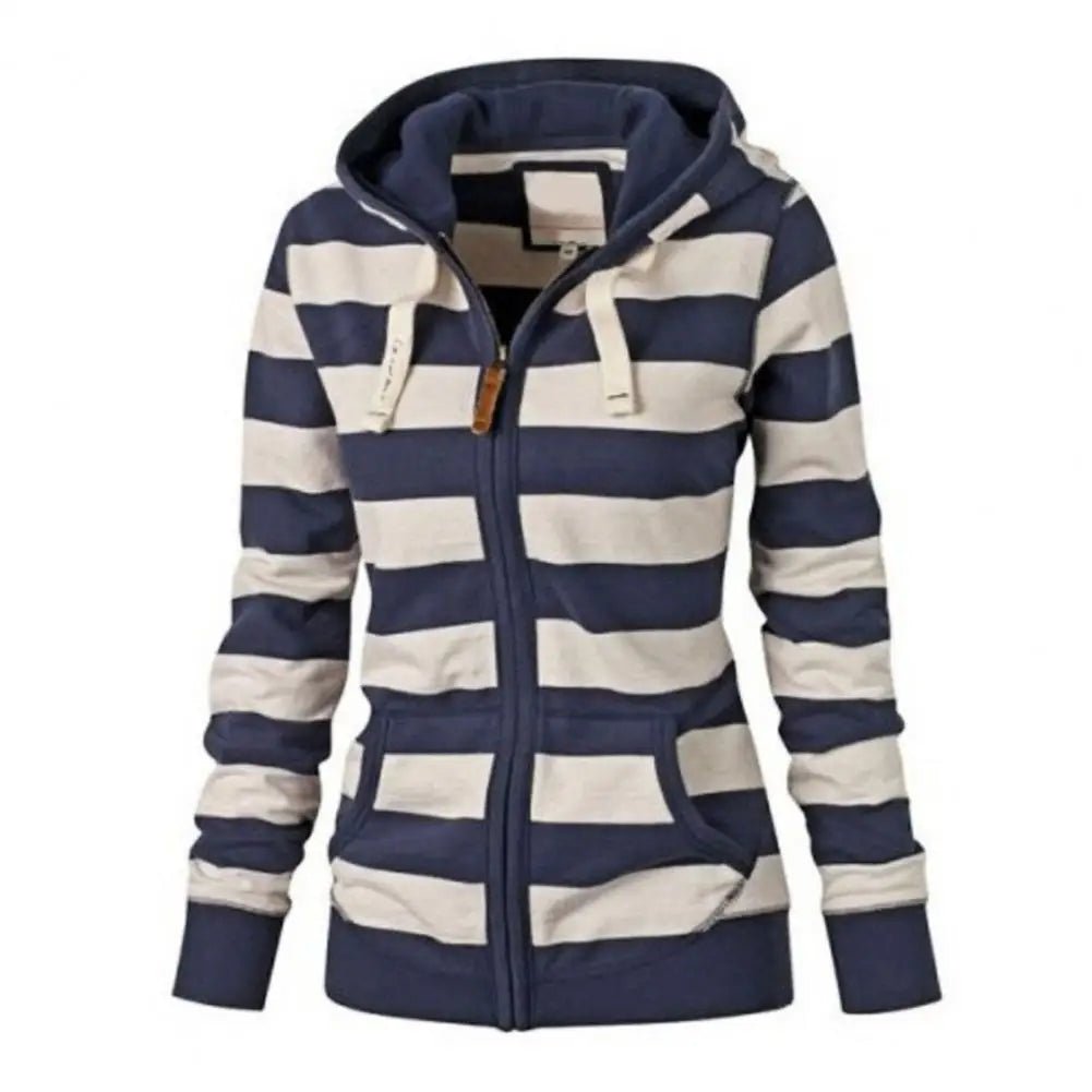 Hooded Sweatshirt Jacket Zipper Closure Striped Print Lightweight Knit Casual Winter Style - SN Wigs & More