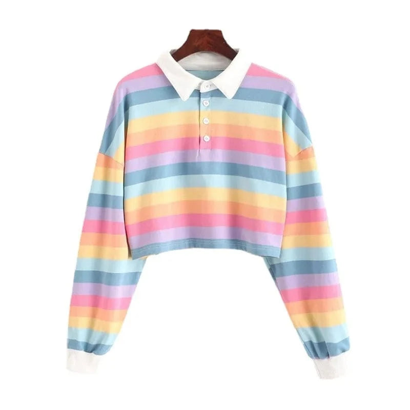 Hoodies Women rainbow Patchwork women's sweatshirt 2024 summer Button turndown Harajuku Streetwear Fashion Crop Top Hoodie