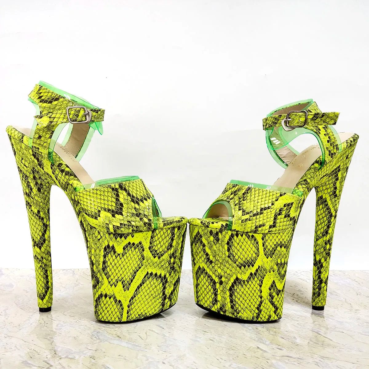 Hot 20cm Yellow Snake Print Thin Heels Peep Toe 8Inch Women's Nightclub Strip Pole Dance Models Catwalk Gothic Sexy Fetish Shoes