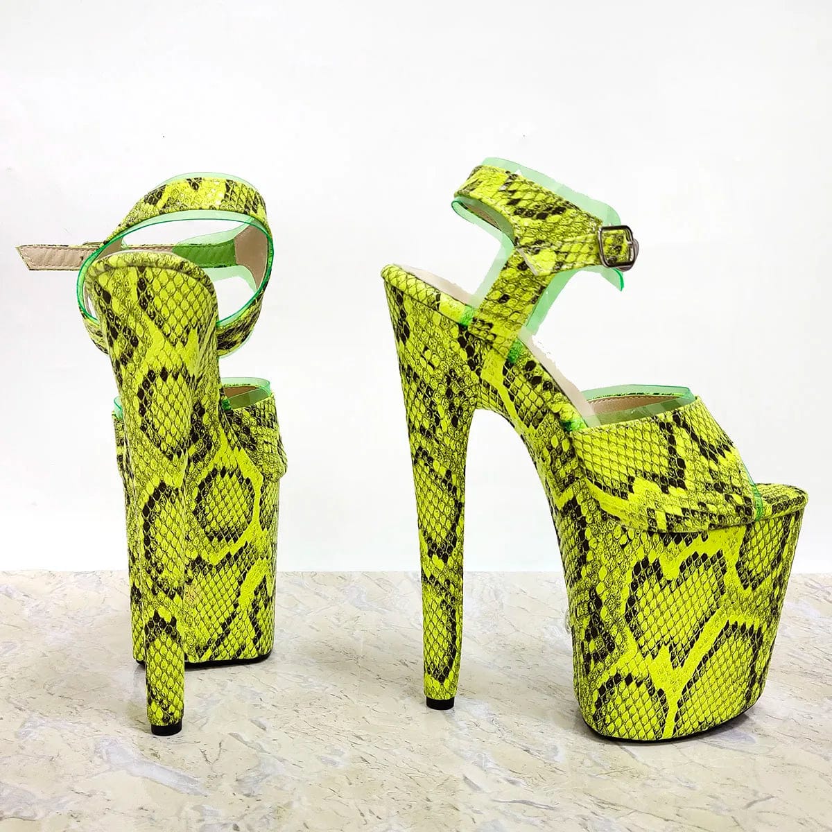 Hot 20cm Yellow Snake Print Thin Heels Peep Toe 8Inch Women's Nightclub Strip Pole Dance Models Catwalk Gothic Sexy Fetish Shoes