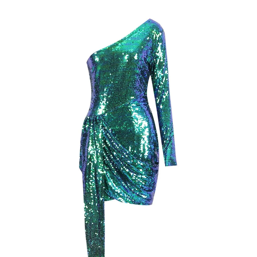Hot party holiday celebration sexy one-shoulder long sleeve mini sequined cocktail dress