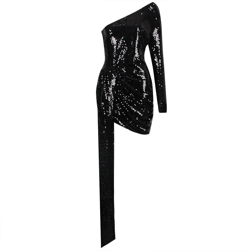 Hot party holiday celebration sexy one-shoulder long sleeve mini sequined cocktail dress