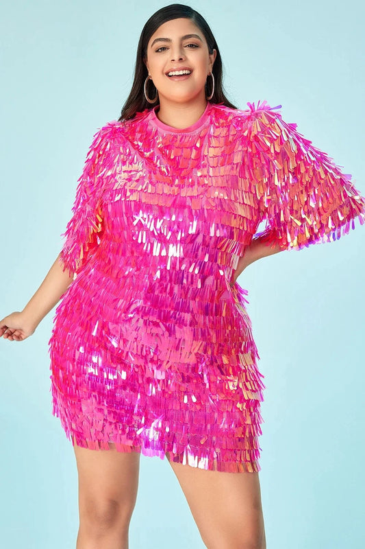 Hot Pink / 5XL Plus Size Homecoming Dress Hot Pink Round Neck Sequin Tassel Party Mini Dress
