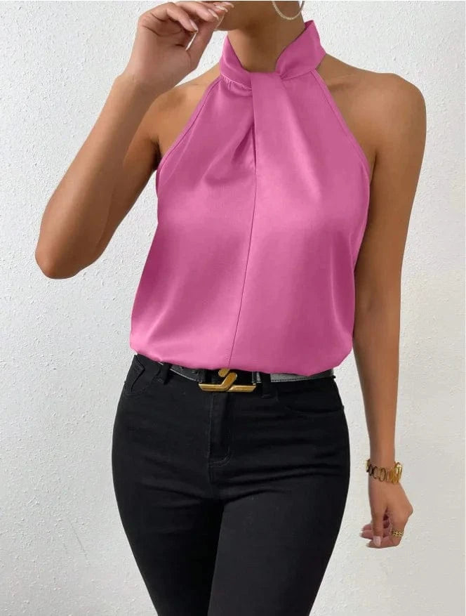 Hot pink / M Women's Tops 2025 Summer New European and American Clothes Satin Halter Sleeveless Vest Sexy Commuting Satin Simulated Silk Top