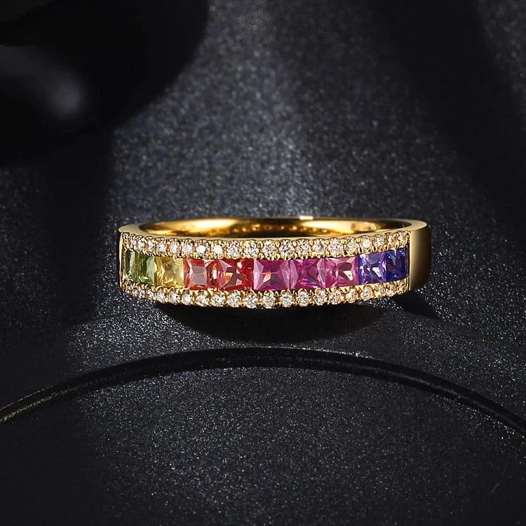 Hot Sale 18k solid gold jewelry Natural Multi Sapphire White Diamond 18K Au750 Gold rings wedding