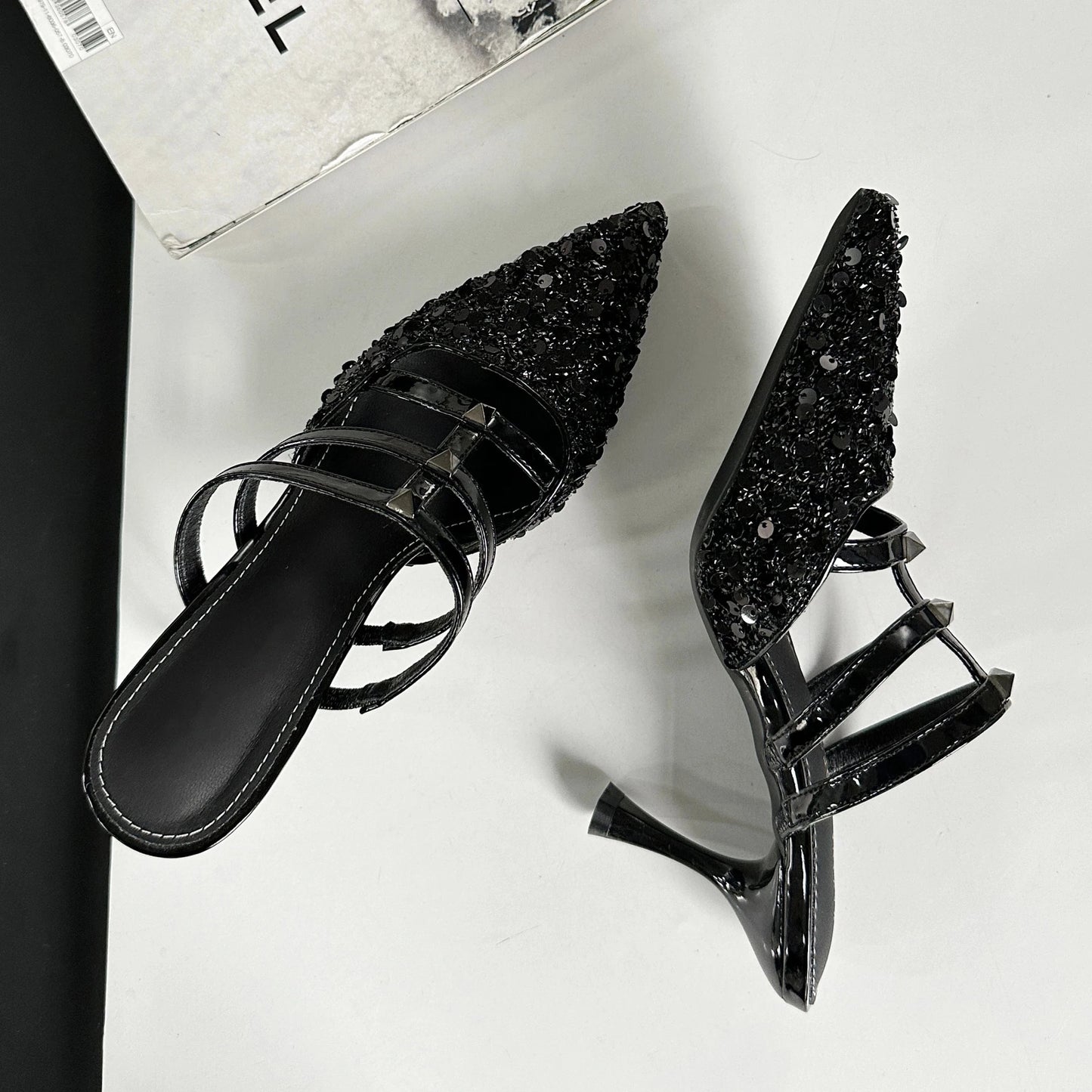 Hot sale 2024 new fashion slippers sequins pointed heel shoes 8.5cm high heels hypermarket