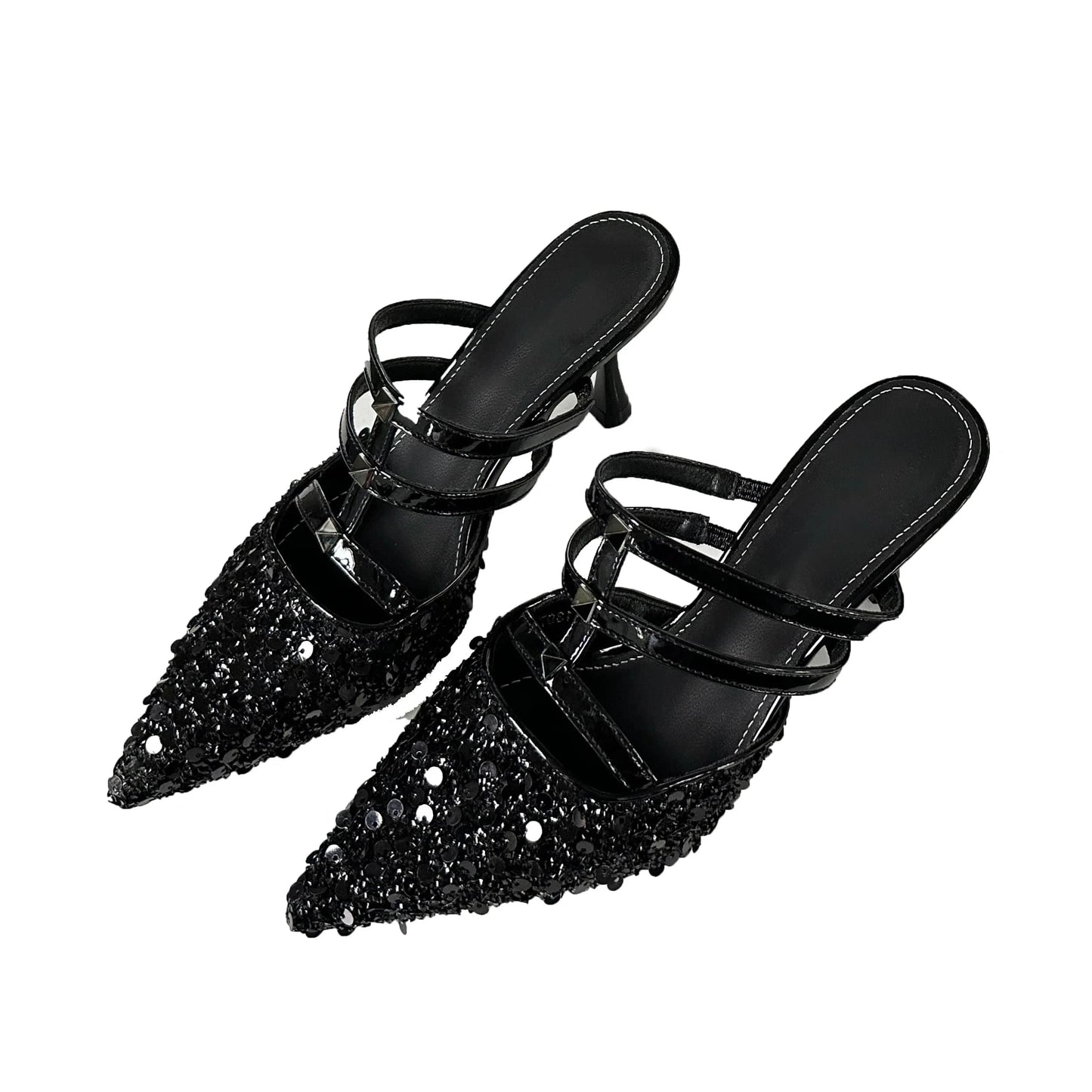 Hot sale 2024 new fashion slippers sequins pointed heel shoes 8.5cm high heels hypermarket