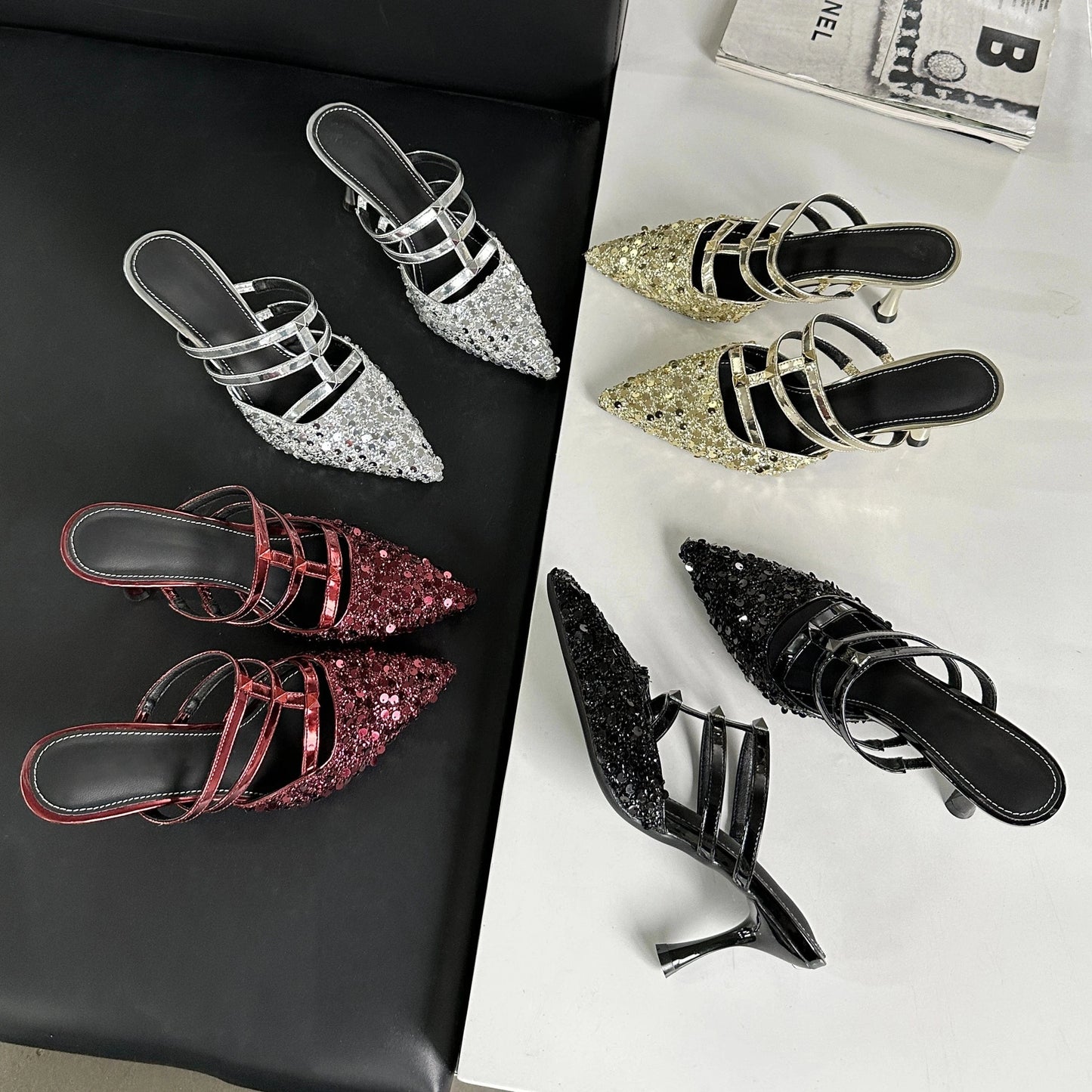 Hot sale 2024 new fashion slippers sequins pointed heel shoes 8.5cm high heels hypermarket