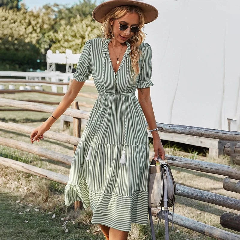 Hot Sale 2024 summer fashion striped v neck puff sleeve ruffle hem casual midi dress women