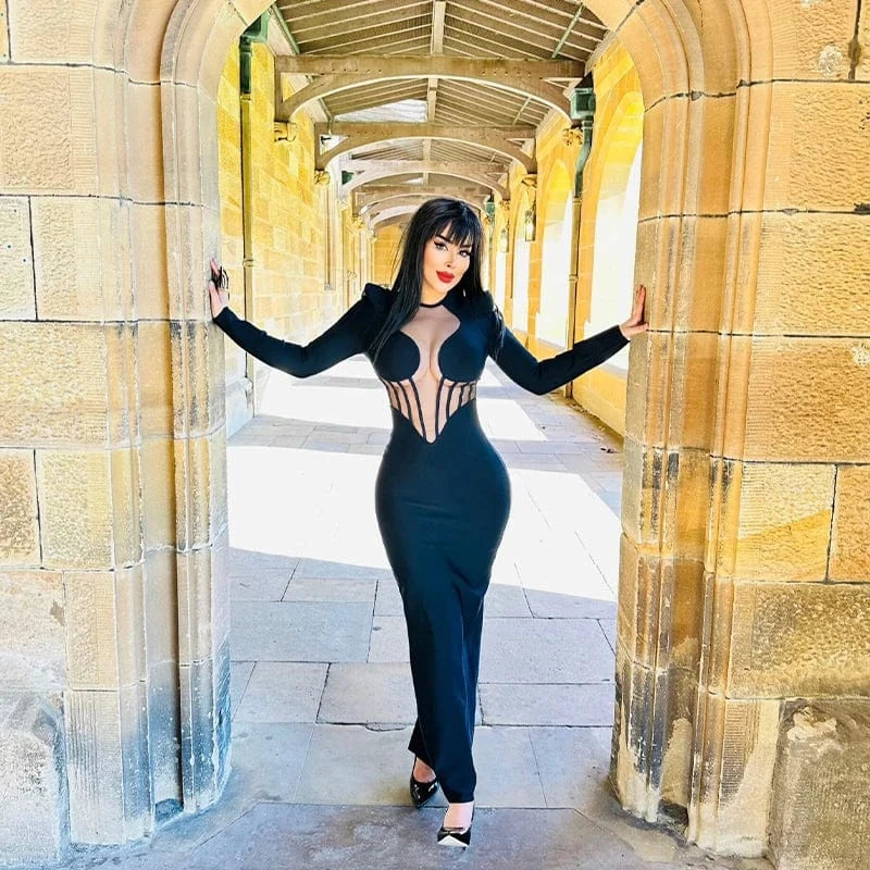 Hot Sale Black Long-Sleeved Mesh Semi-Permeable Sexy Long Bandage Dress Elastic Bag Hip Skirt Round Neck Shoulder Pad Dress