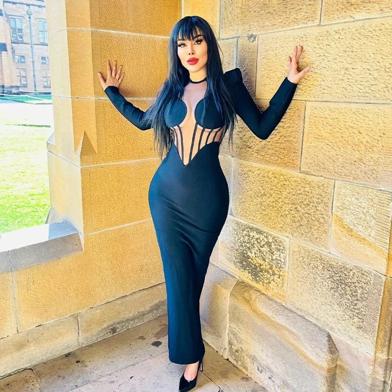 Hot Sale Black Long-Sleeved Mesh Semi-Permeable Sexy Long Bandage Dress Elastic Bag Hip Skirt Round Neck Shoulder Pad Dress