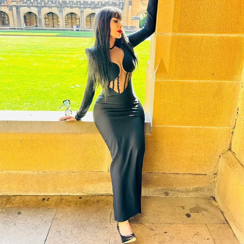 Hot Sale Black Long-Sleeved Mesh Semi-Permeable Sexy Long Bandage Dress Elastic Bag Hip Skirt Round Neck Shoulder Pad Dress