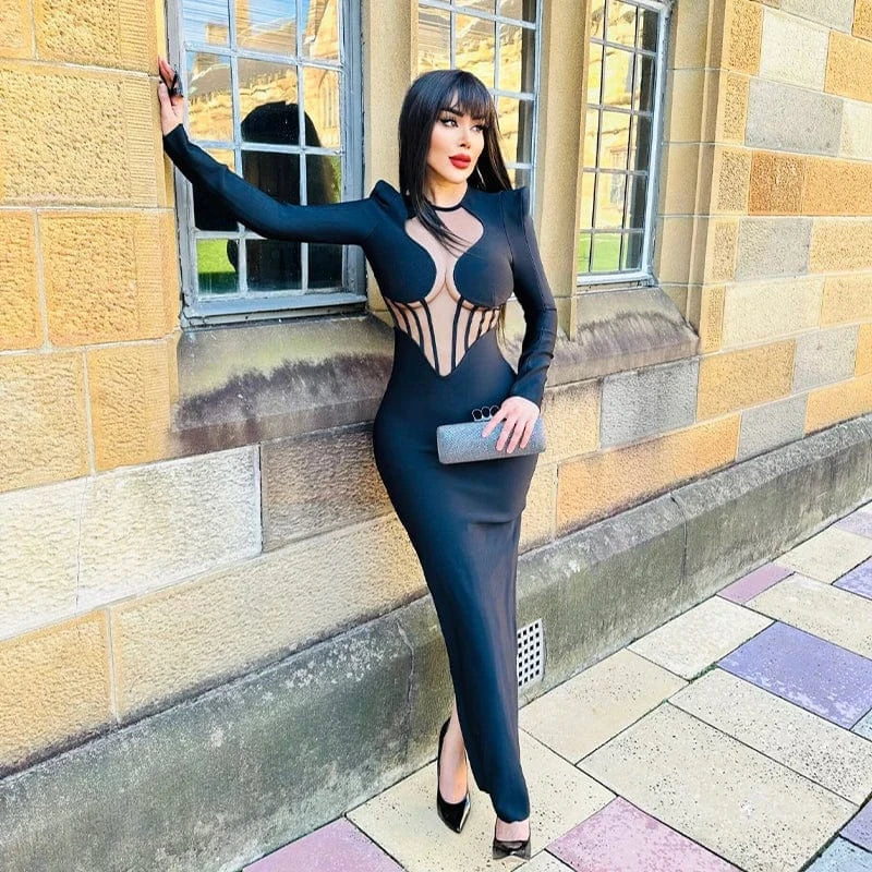 Hot Sale Black Long-Sleeved Mesh Semi-Permeable Sexy Long Bandage Dress Elastic Bag Hip Skirt Round Neck Shoulder Pad Dress