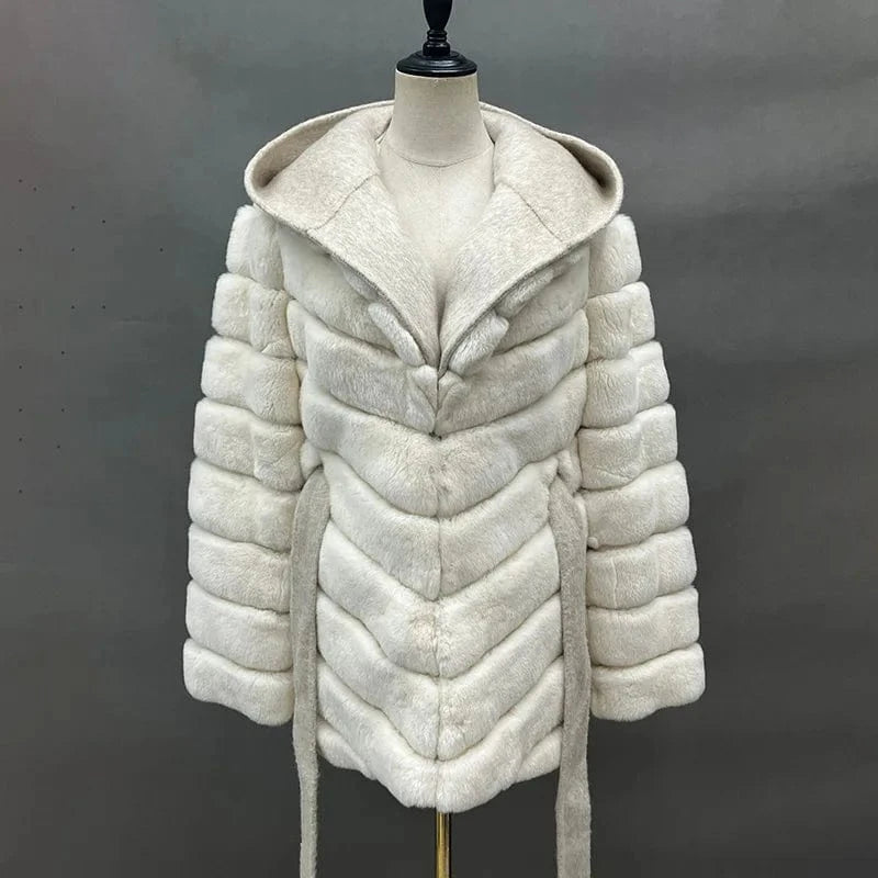 Hot Sale Detachable Double Sides Wool Hooded Patchwork Rex Rabbit Fur Coat for Women