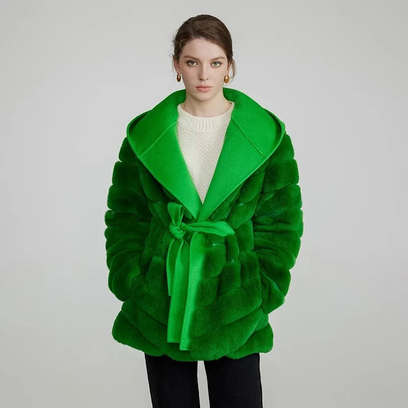 Hot Sale Detachable Double Sides Wool Hooded Patchwork Rex Rabbit Fur Coat for Women