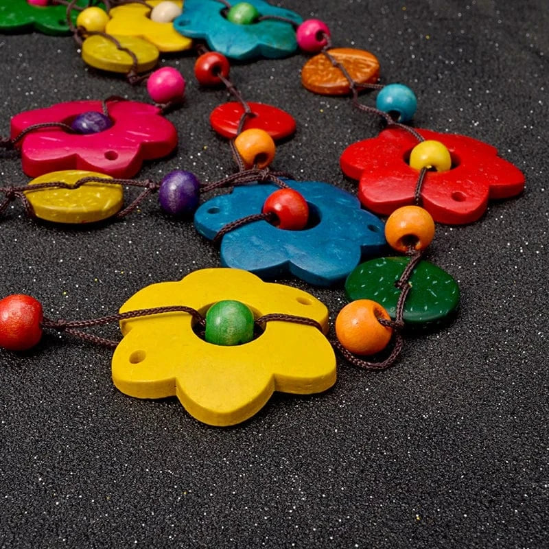 Hot Sale Flower Coconut shell Wood Beads Necklaces for Women Bohemian Ethnic Jewelry Handmade  Long Statement Necklace