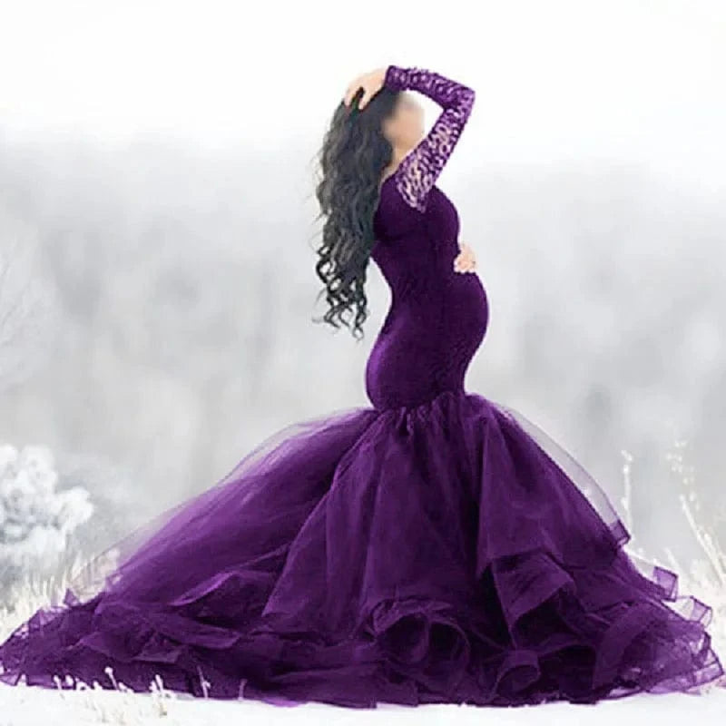 Hot Sale Long Sleeve Lace Stitching Mesh Photoshoot Pregnant Women Long Casual Wedding Tulle Dresses