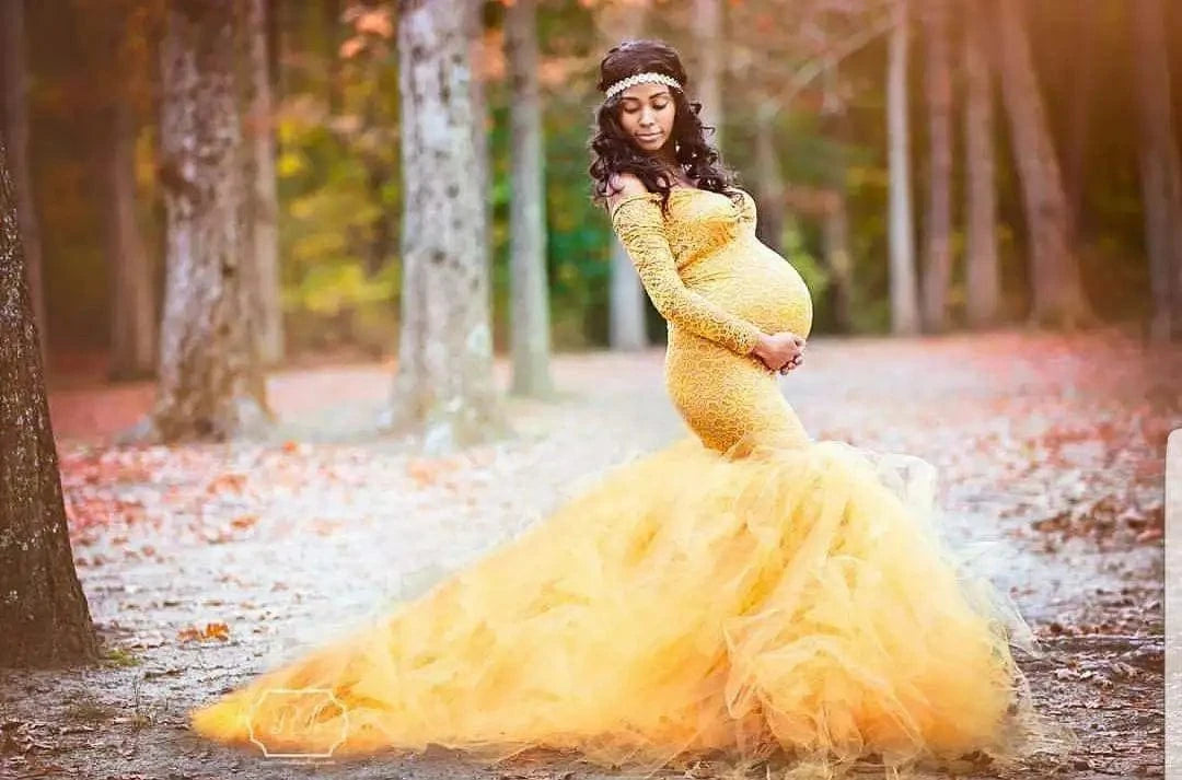 Hot Sale Long Sleeve Lace Stitching Mesh Photoshoot Pregnant Women Long Casual Wedding Tulle Dresses