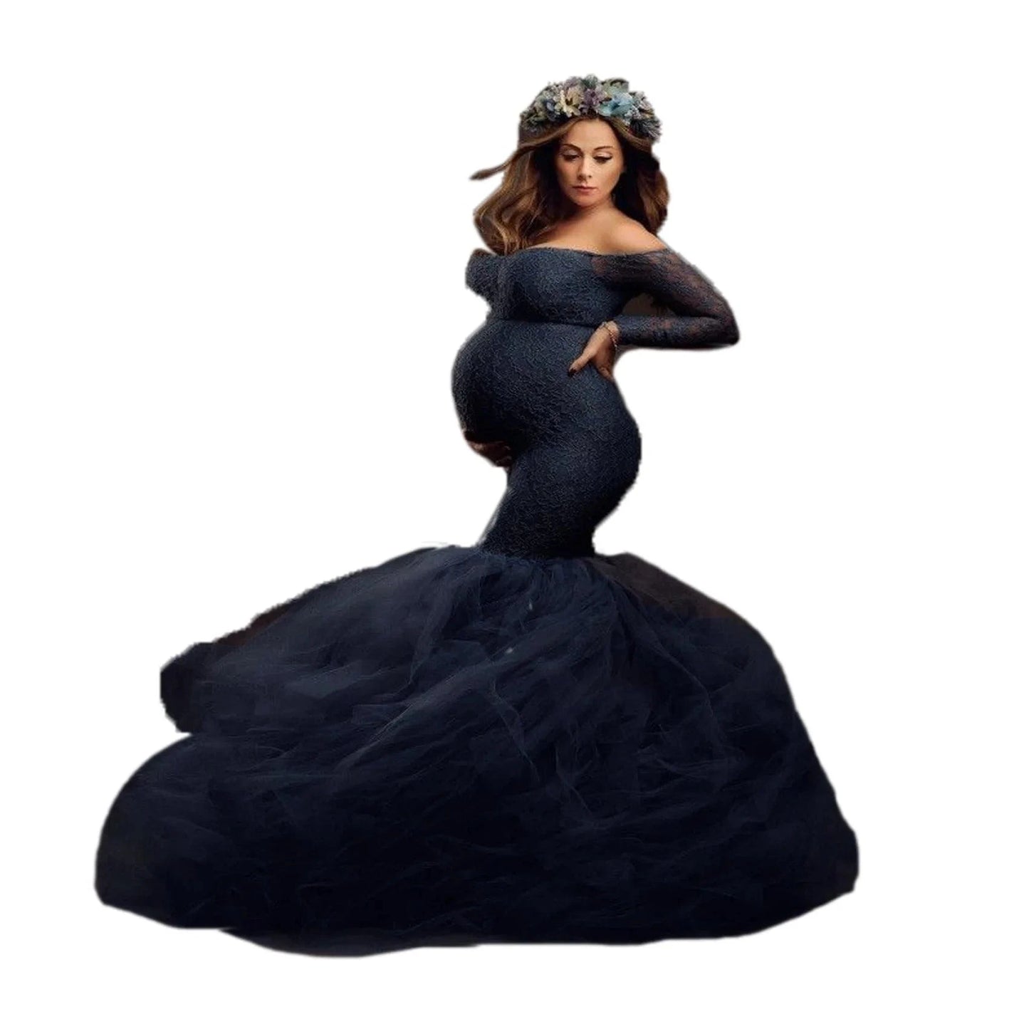 Hot Sale Long Sleeve Lace Stitching Mesh Photoshoot Pregnant Women Long Casual Wedding Tulle Dresses