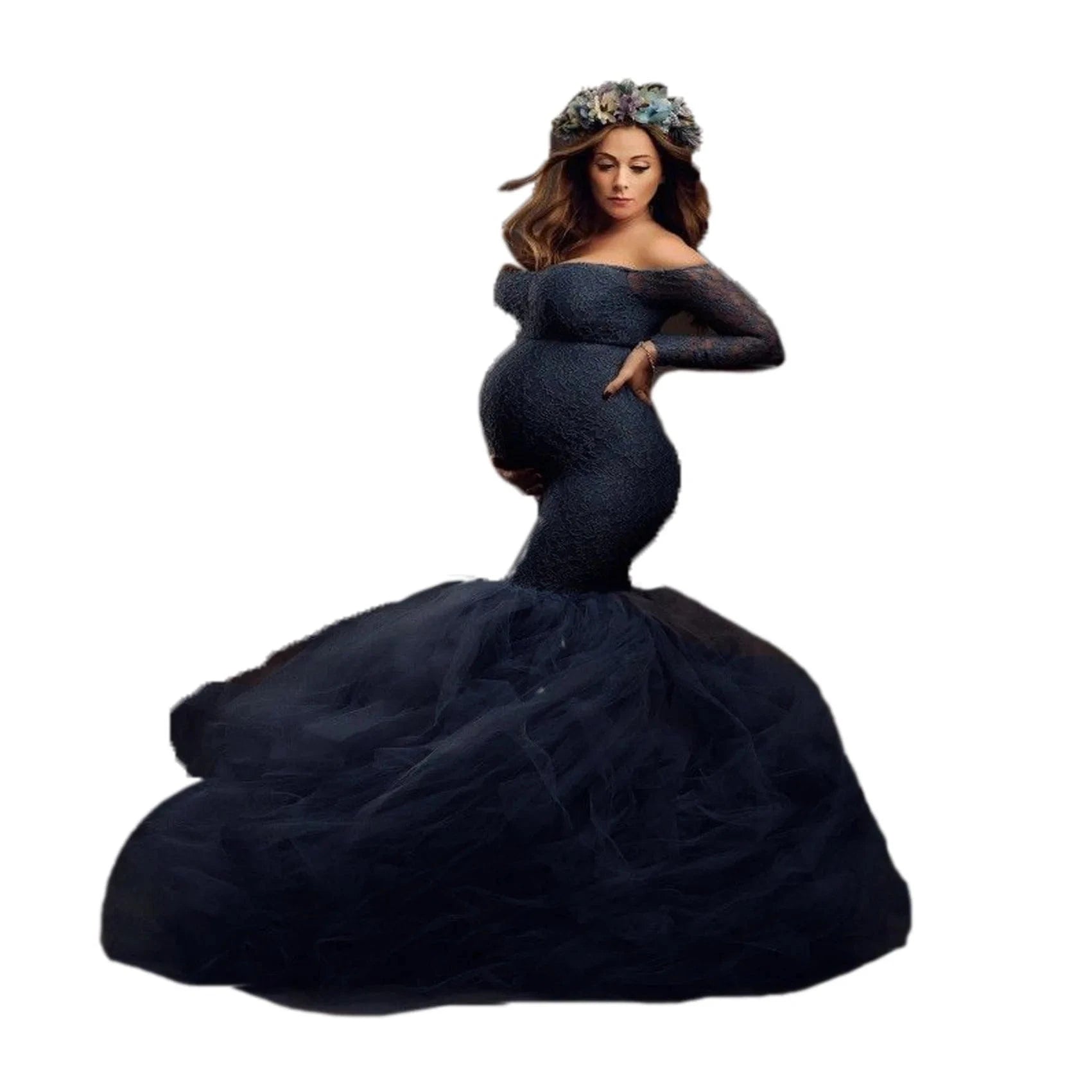 Hot Sale Long Sleeve Lace Stitching Mesh Photoshoot Pregnant Women Long Casual Wedding Tulle Dresses