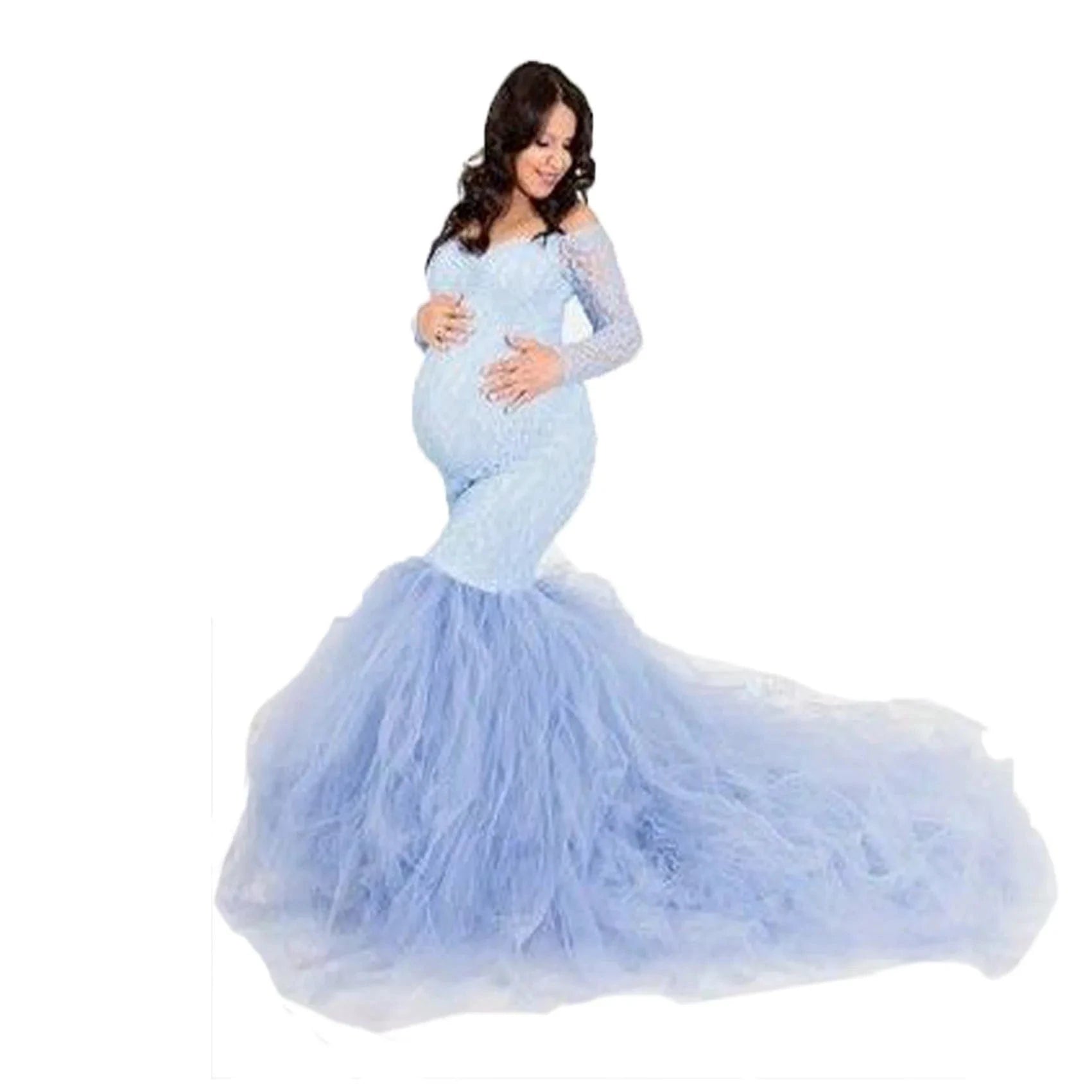 Hot Sale Long Sleeve Lace Stitching Mesh Photoshoot Pregnant Women Long Casual Wedding Tulle Dresses