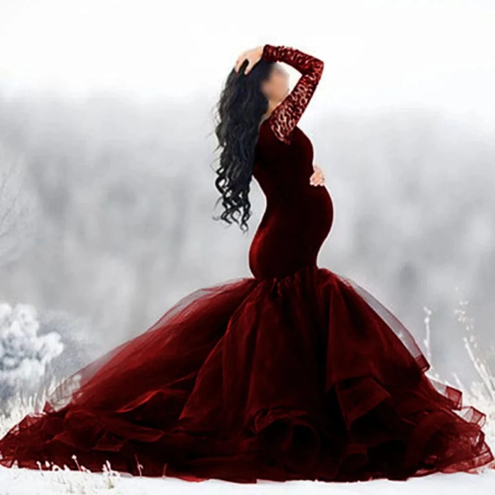 Hot Sale Long Sleeve Lace Stitching Mesh Photoshoot Pregnant Women Long Casual Wedding Tulle Dresses