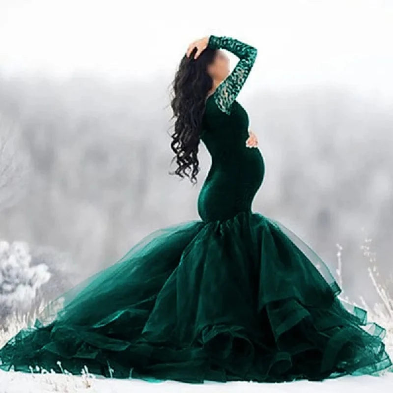 Hot Sale Long Sleeve Lace Stitching Mesh Photoshoot Pregnant Women Long Casual Wedding Tulle Dresses