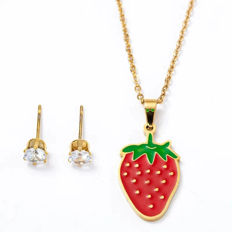Hot Sale Red Fruit Strawberry Earrings And Necklace Set Stainless Steel Enamel Cherry Pendant Strawberry Necklace