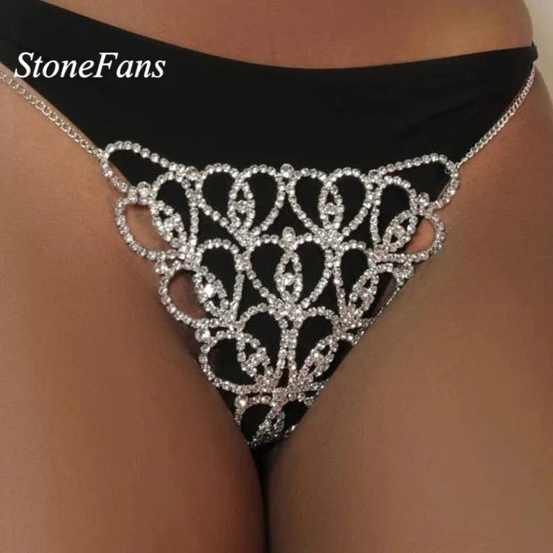 Hot Sale Sexy Body Chain Crystal Heart Thong Rhinestone Bikini Beach Panties Underwear Belly Chain Jewelry
