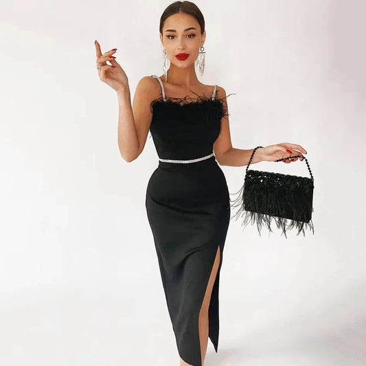 Hot Sale Sexy Night Party Dresses Women Formal  Lady Elegant Black Feather Mini Bandage Dress