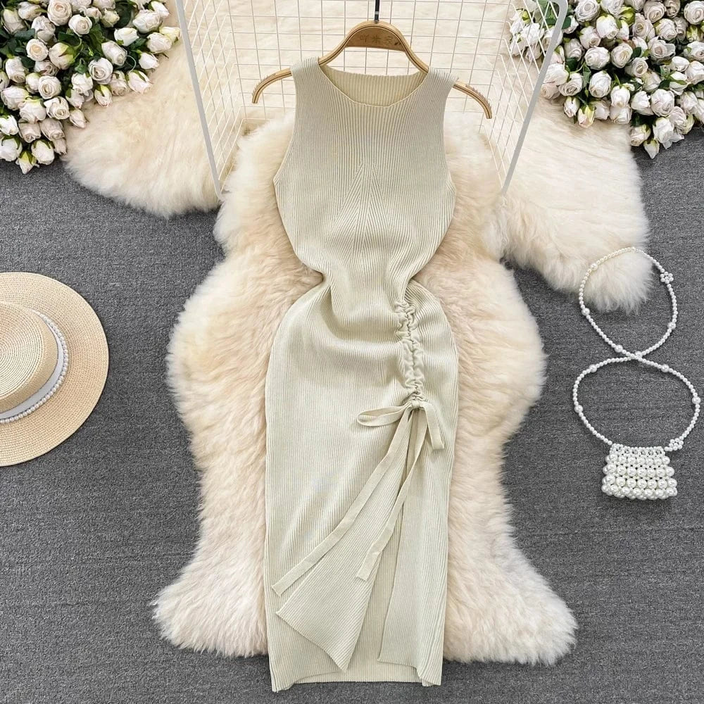 Hot Sale Sexy Vest Dress Summer Fashion Round Neck Backless Dress Lady Sleeveless Slit Knitted Sheath Dress