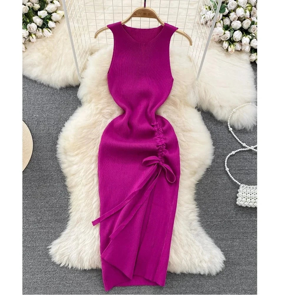 Hot Sale Sexy Vest Dress Summer Fashion Round Neck Backless Dress Lady Sleeveless Slit Knitted Sheath Dress