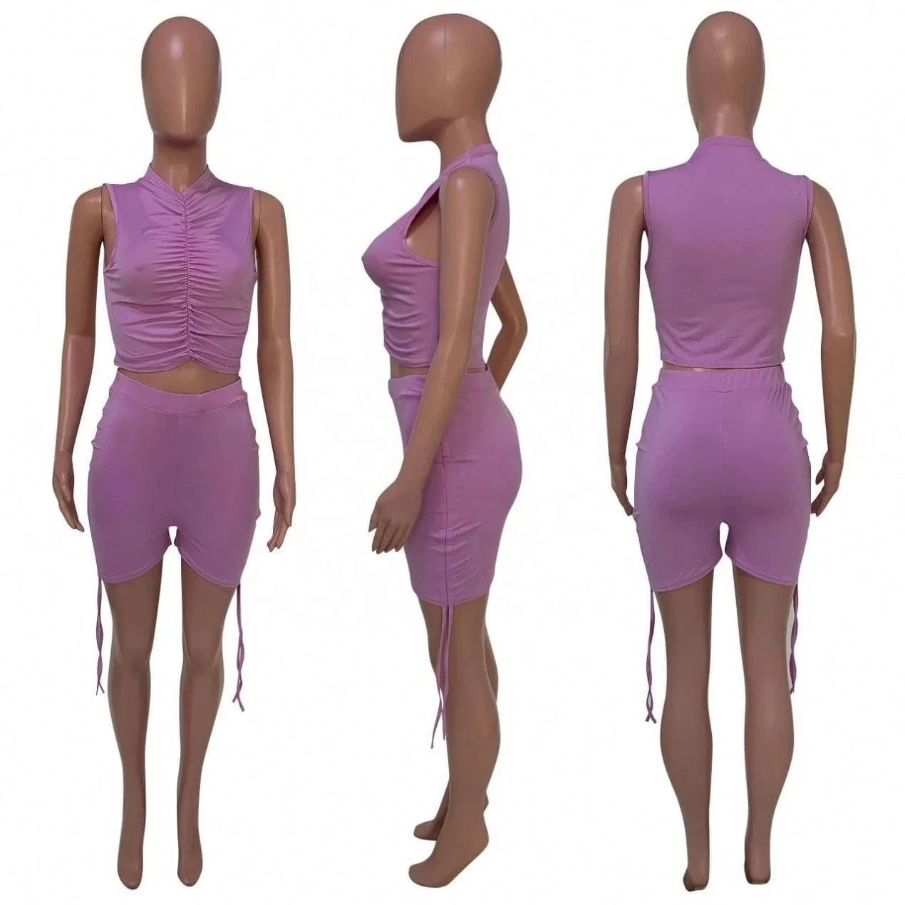 Hot Sale Sleeveless Pleated Tank Top Shorts Solid Color Mid High Collar Sexy Sports Casual Women's Two Piece Shorts Set