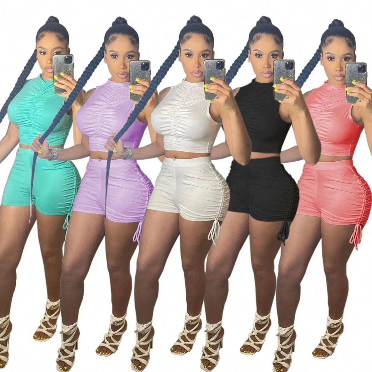 Hot Sale Sleeveless Pleated Tank Top Shorts Solid Color Mid High Collar Sexy Sports Casual Women's Two Piece Shorts Set