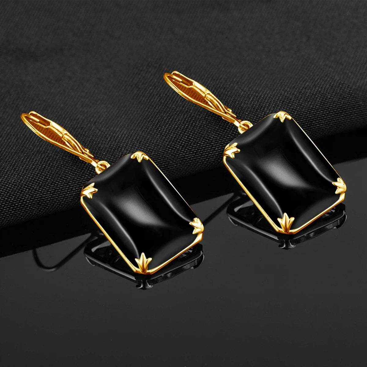 Hot Sale Vintage 18k Gold Plated Sterling Silver Rectangle Gemstone Black Onyx long earrings women jewelry
