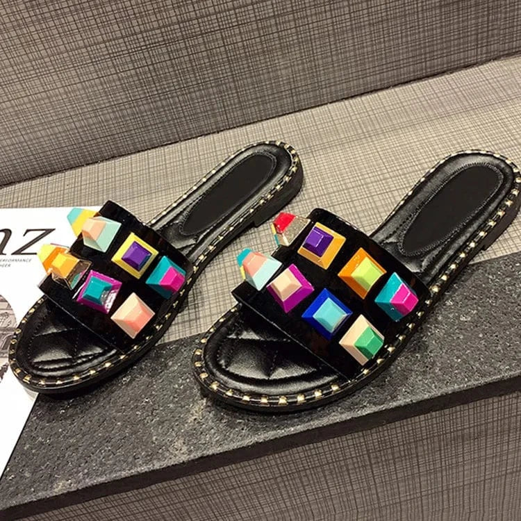 Hot Sale Women Candy Colors Stud Flats Sandals Female Summer Casual Flip Flops Slippers