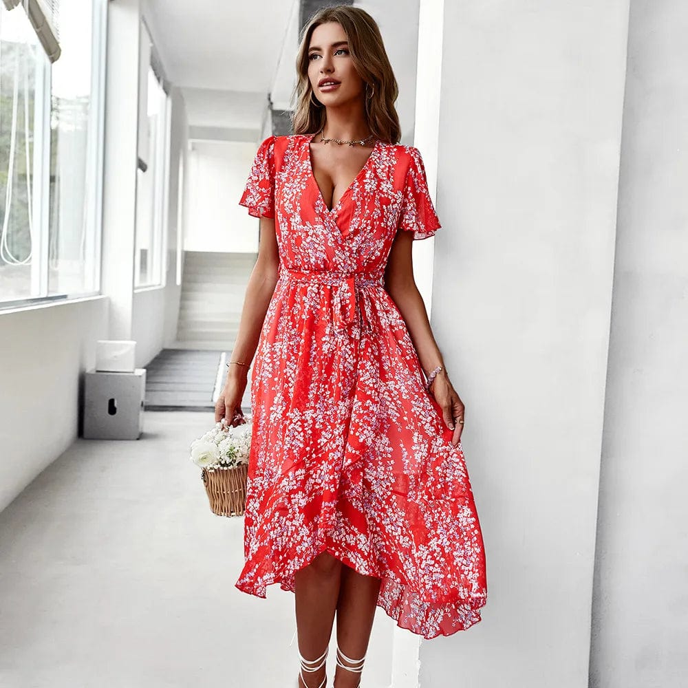 Hot Sales Women Clothes Casual Ruffle Split Dress Lady Elegant Floral Wrap Dress