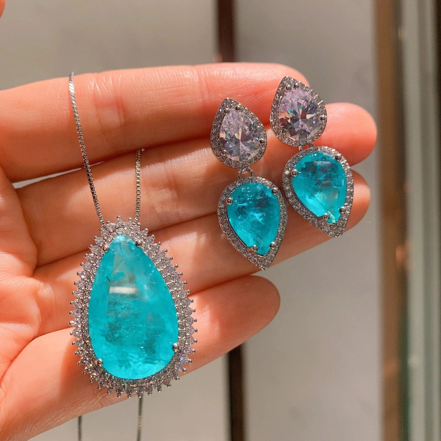 Hot sell luxury blue brazil Fusion stone waterdrop zirconia wedding engagement jewellery set new product 2024