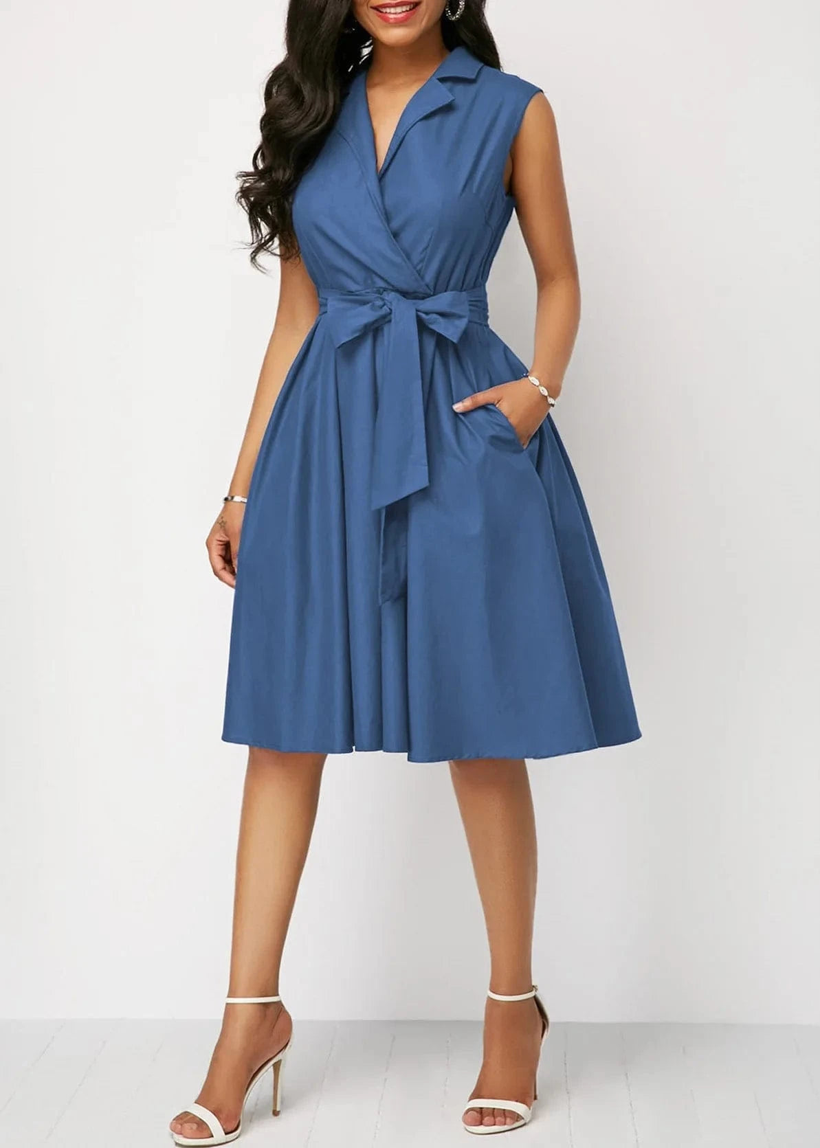 Hot Sell Solid Color summer Elegant Ladies Office dress  professional Women Formal Work Sleeveless Belted A line Career Dresses