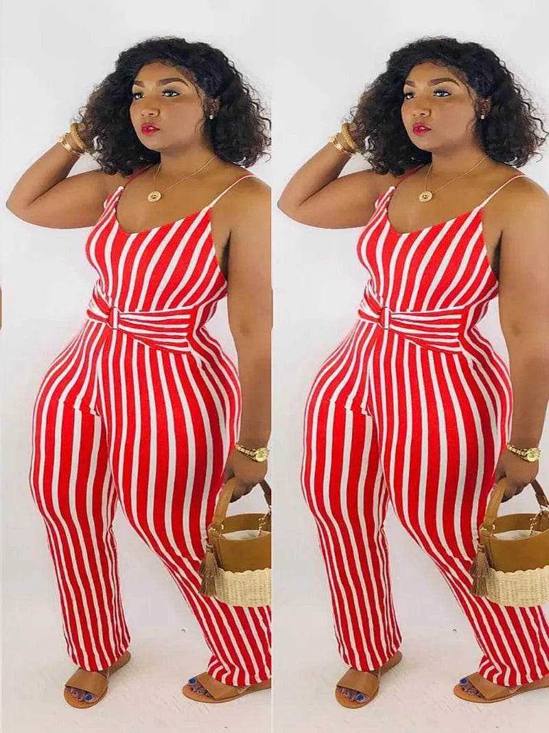 Hot Seller Summer Women's Clothing Jumpsuit Striped Suspender Straps Playsuit Plus Size Back Zipper Lady Long Romper